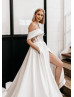 Off Shoulder Ivory Lace Satin Open Back Sweet Wedding Dress